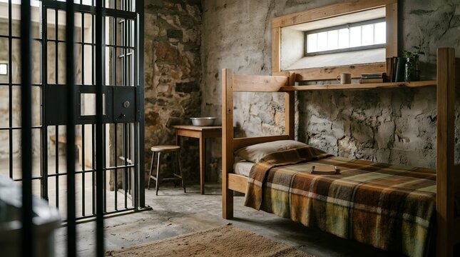 Rustic bedroom interior with vintage iron cage and loft bed