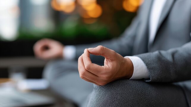 Close-up of businessman hand in meditation gesture sitting cross-legged with blurred background focusing on mindfulness and stress relief technique during work break