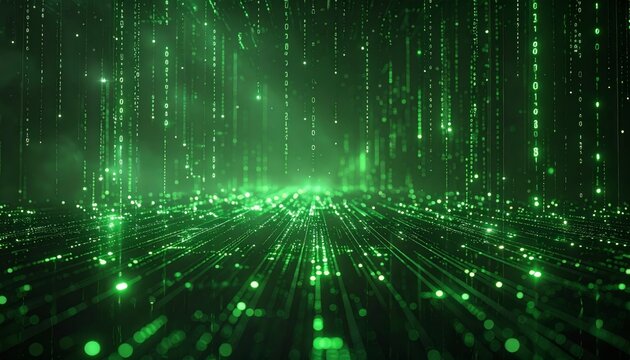 Vertical Green Data Rain Over Grid With Binary Code, Cascading Luminous Digits Create Immersive Matrix Effect,
