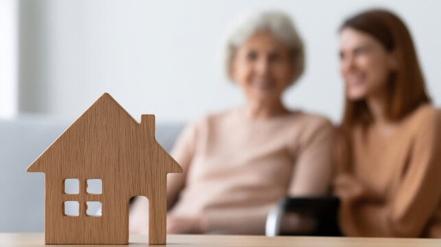 Wooden house model in foreground with blurred elderly woman and younger woman smiling and sitting closely together on couch in living room