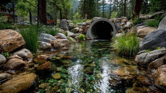 Clear stream flowing through a concrete pipe culvert surrounded by rocks and pine trees in a mountain park landscape