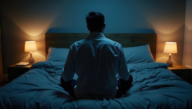 Man sits awake on bed in dark bedroom at night. Person unable to sleep, struggles with insomnia and thoughts. Lone figure in dim light contemplates problems while bedside lamps glow softly.