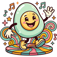 Naklejka premium A cheerful cartoon avocado dances on a colorful disco floor surrounded by swirling patterns and musical notes.