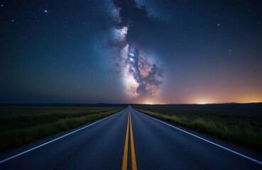 Naklejka premium Empty highway stretches toward starry night sky and milky way galaxy. Asphalt road leads through dark rural field at twilight. Travel and journey concept.