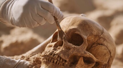 Obraz premium Archaeologist hand with brush carefully cleaning and excavating ancient human skull buried in dry sandy soil during excavation dig site in desert area
