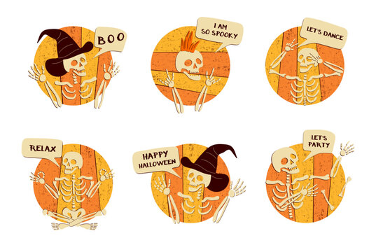 Retro Halloween Skeleton Stickers Set