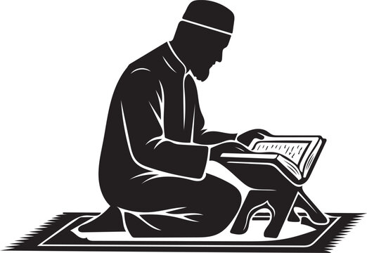 Muslim man reading Quran on rehal sitting on prayer mat vector silhouette illustration