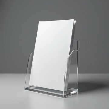 Clear acrylic stand holds blank white paper sheets. Modern display for office reception or retail counter. Vertical holder for brochures leaflets pamphlets.