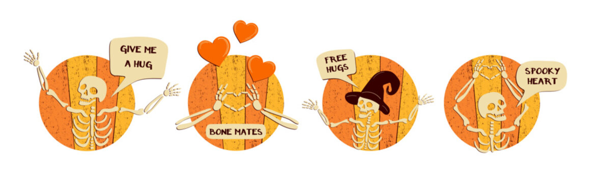 Retro Love Themed Halloween Skeleton Badges
