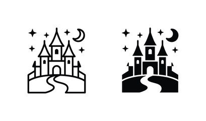 Fairytale Castle Icons, Magical Kingdom Silhouette, Enchanted Fortress Vector Set, Fantasy Architecture Night Scene © Sharifa