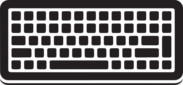 Black and white of a computer keyboard with rectangular keys on a plain white background, typing input
