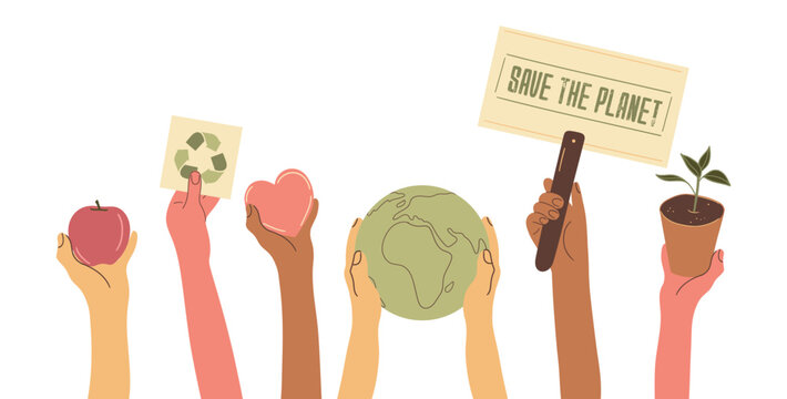 Diverse Hands Holding Earth Day Elements
