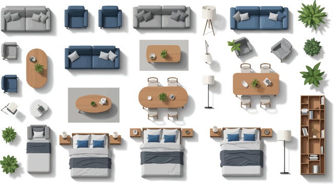 Furniture top view set with sofas beds dining tables chairs and plants for interior design planning