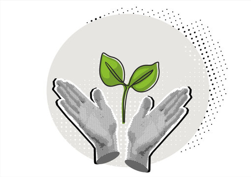 Trendy halftone collage. Hands hold growing sprout. Theme of environmental protection. Environment protection. Vector