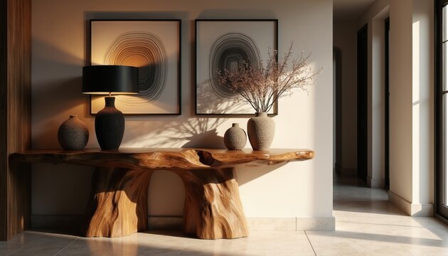 Live edge wooden console table with vases and modern art. Entryway features warm lighting and decorative items. Interior design creates a stylish and inviting atmosphere.