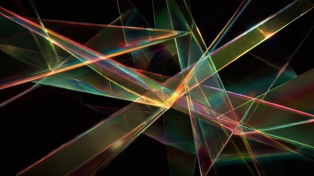 Illuminated crystalline structures overlap across a deep dark background creating prismatic light effects