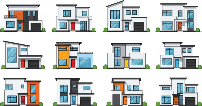 Set of modern suburban house exterior designs with flat roofs and garages in a flat vector style