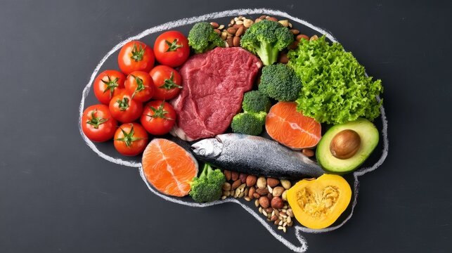 Fresh nutritious food arranged on chalk outline of human liver on black background with tomato salmon broccoli lettuce avocado pumpkin nuts and raw beef for healthy organ diet