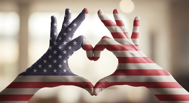 Two hands, creatively adorned with the symbolic pattern of the American flag, form a heart; this visual metaphor conveys unity, love, and patriotism.