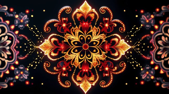 Glowing Palembang batik floral pattern 
dissolving into golden light particles, 
Indonesian traditional motif concept 
on dark background