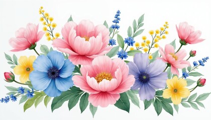 Obraz premium Arrangement of colorful pink blue yellow flowers, green leaves on white background. Beautiful floral composition with watercolor style. Delicate blooms, foliage create charming, artistic botanical