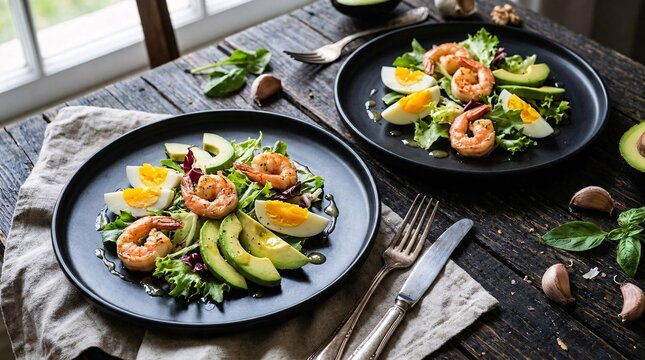 Two elegant matte black plates featuring a fresh salad consisting of plump grilled pink shrimp, sliced boiled eggs, and bright green avocados.