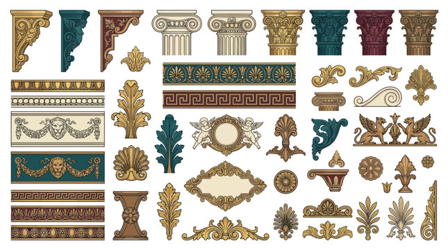 A detailed collection of ornamental architectural elements, decorative borders, and classic column capitals in a vintage illustration style