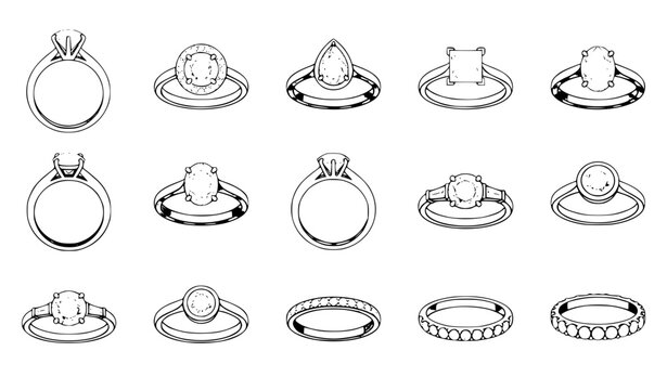 Luxury engagement and wedding rings vector set with diamond gemstone jewelry icons isolated on white background