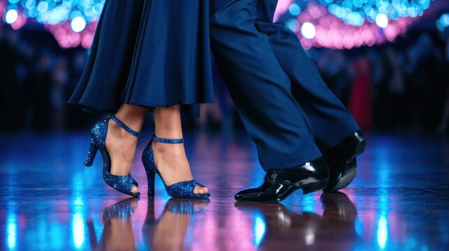 Elegant female and male dancers performing a ballroom dance on shiny reflective floor with sparkling blue high heels and polished black dress shoes