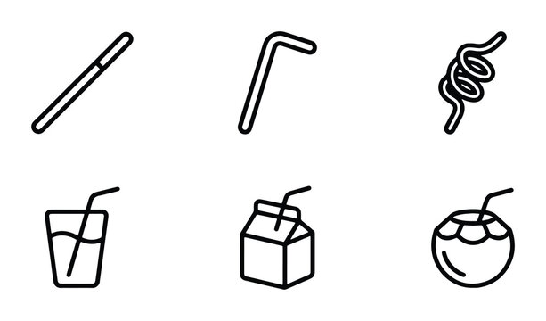 Six minimalist line art icons of drinking straws and beverages, including straight straw, bent straw, spiral straw, glass with straw, milk carton with straw, and coconut with straw