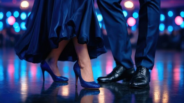 Elegant couple dancing close together on shiny ballroom floor with sparkling shoes and formal attire under colorful round lights at night event celebration