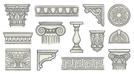Fototapeta premium A collection of classical architectural elements including Corinthian columns, Ionic volutes, and decorative friezes, reminiscent of ancient Greek and Roman design
