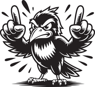 Cartoon bird with middle fingers raised in anger gesture isolated on white background