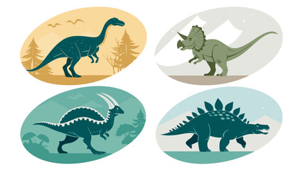 Colorful illustrations of four dinosaurs. © PixelVector Lab