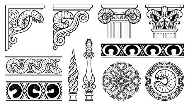 A curated collection of decorative architectural elements including ornate scrollwork, ionic capitals, and geometric borders, perfect for embellishing designs