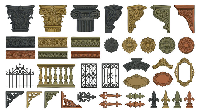 Decorative architectural elements and ornamental details including columns, balustrades, finials, and cornices for building design and embellishment, offering a versatile collection of embellishments