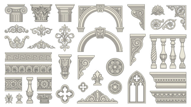 Intricate architectural decorative elements and ornate stone carvings showcase classic design motifs, perfect for historical building embellishments and elegant restorations