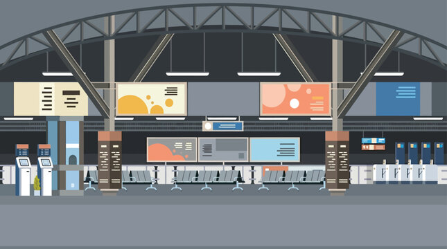 Train station interior illustration with benches and ticket machines