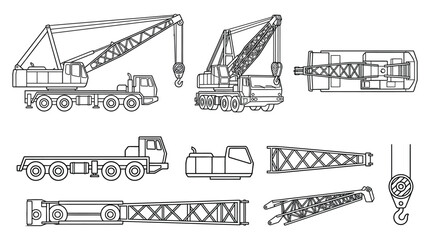 Line drawing of mobile cranes and components on a white background © Anjumanara Rakhi