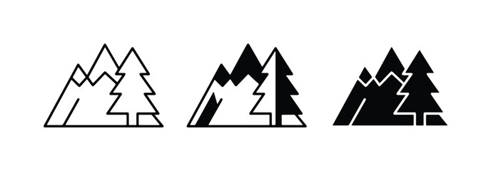 Mountain and Pine Tree Icons, Simple Line Art and Silhouette Graphics for Nature and Outdoor Themes © Salman
