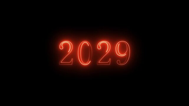 Animated neon year 2029 in orange glowing light on black background number
