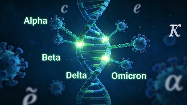 3D Render of Coronavirus Molecules Mutating DNA Strand with Alpha Beta and Omicron Variant Labels