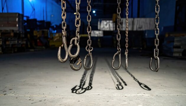 Industrial Chains Hanging in a Warehouse Setting.