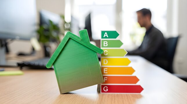 "Green house model standing next to colorful energy efficiency class scale chart symbolizing sustainable real estate investment development"