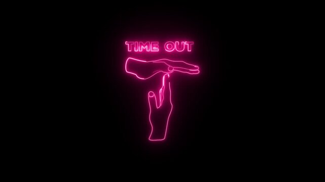 Animated neon sign time out gesture glowing pink on black background, motion graphics loop