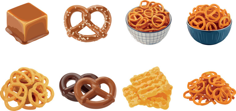 Savory Pretzel Snack Vector Collection with Caramel Cubes Crispy Chips and Salty Treats for Food Packaging Design Projects