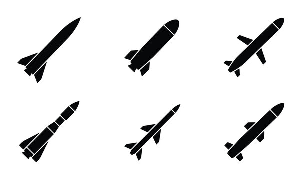 Six Black Missile Icons, Rocket Vector Set, Military Weapon Silhouettes, Space Exploration Symbols, Projectile Graphics, Warfare Technology