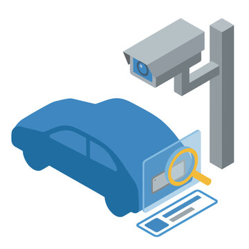 Isometric illustration depicts a car with license plate recognition technology scanning a vehicle. Modern, clean design for tech and transportation visuals.