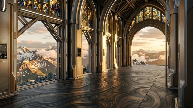 Grand arcade hallway overlooking dramatic mountain range view