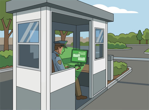 A security guard monitors traffic at a gated entrance. He operates a computer, overseeing vehicle access. Clear, professional illustration.
